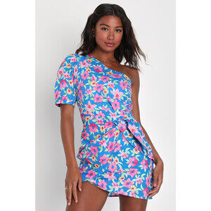 Lulus Thoroughly Sweet Blue Floral Print One-shoulder Mini Dress - Size M